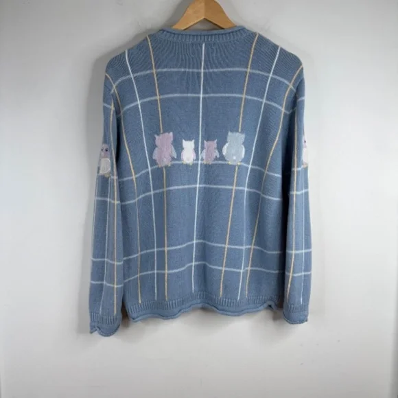 VTG 90s Granny Sweater L Embroidered Owl Hand Knit Windowpane Cottage Blue Twee - Picture 4 of 10